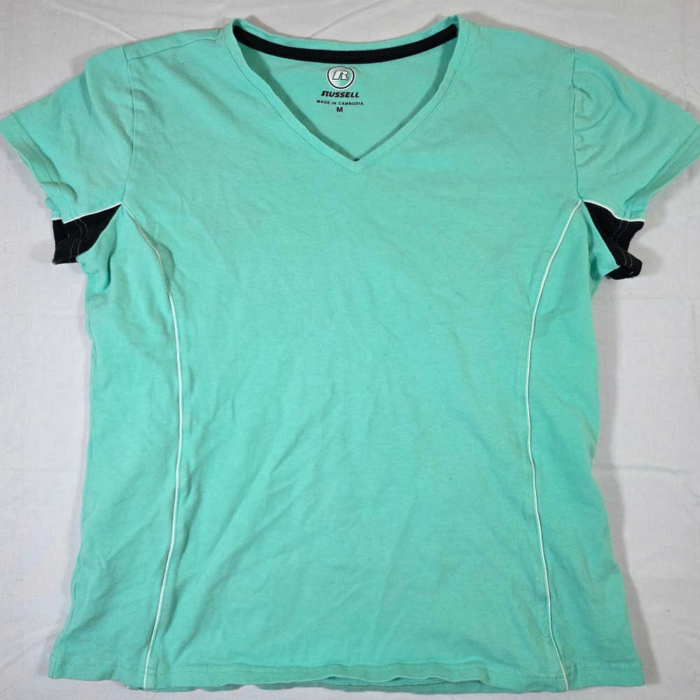 Russell Womens Mint Green V-Neck Activewear T-Shirt Short Sleeve Size M
